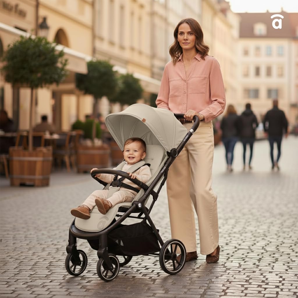 Asalvo KIBU Silla de Paseo, Carrito bebé, Carro para bebés, Confortable, Ultraligera, Segura, Capota con Ventana y Freno Trasero, Manejable, Plegado compacto, Carga Máxima 24 kg, Beige