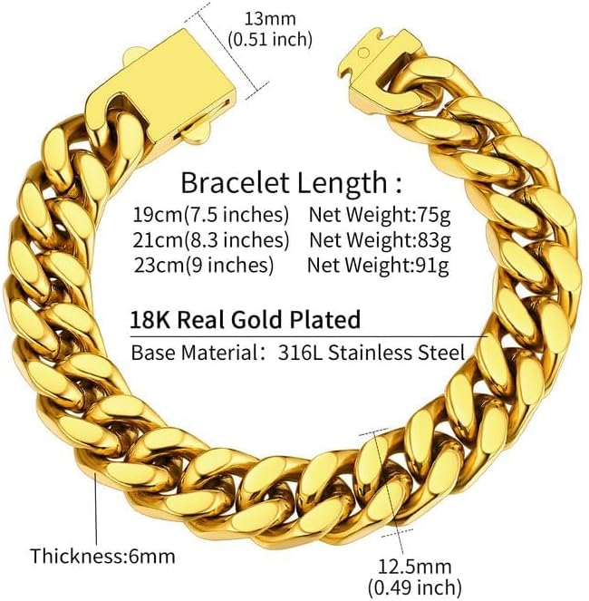 ChainsHouse Stainless Steel Cuban Link Bracelet for Men, 5mm/7mm/9mm/12mm Width, 7.5"/8.3"/9" Length, Black/18K Gold Plated Chain Wrist Bracelets for Men, with Gift Box - Image 6
