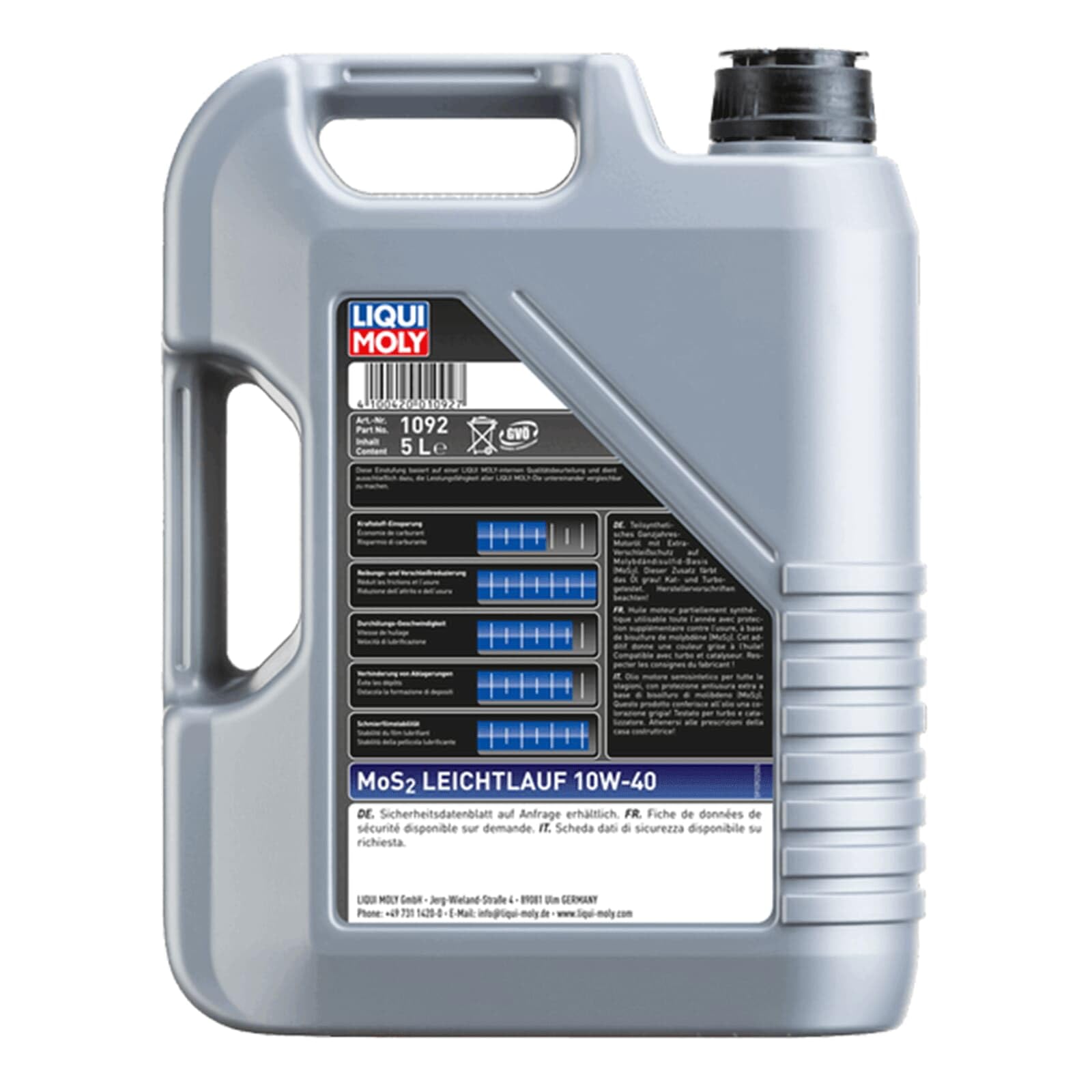 LIQUI MOLY Olio motore МoS2 10W-40 Olio parzialmente sintetico 5 L Compatibilità con RENAULT Clio 3 Hatchback BR0/1, CR0/1 Clio 2 BB0/1/2, CB0/1/2, PEUGEOT 206 2 volumi/Coda spiovente 2A/C 207 WA, WC