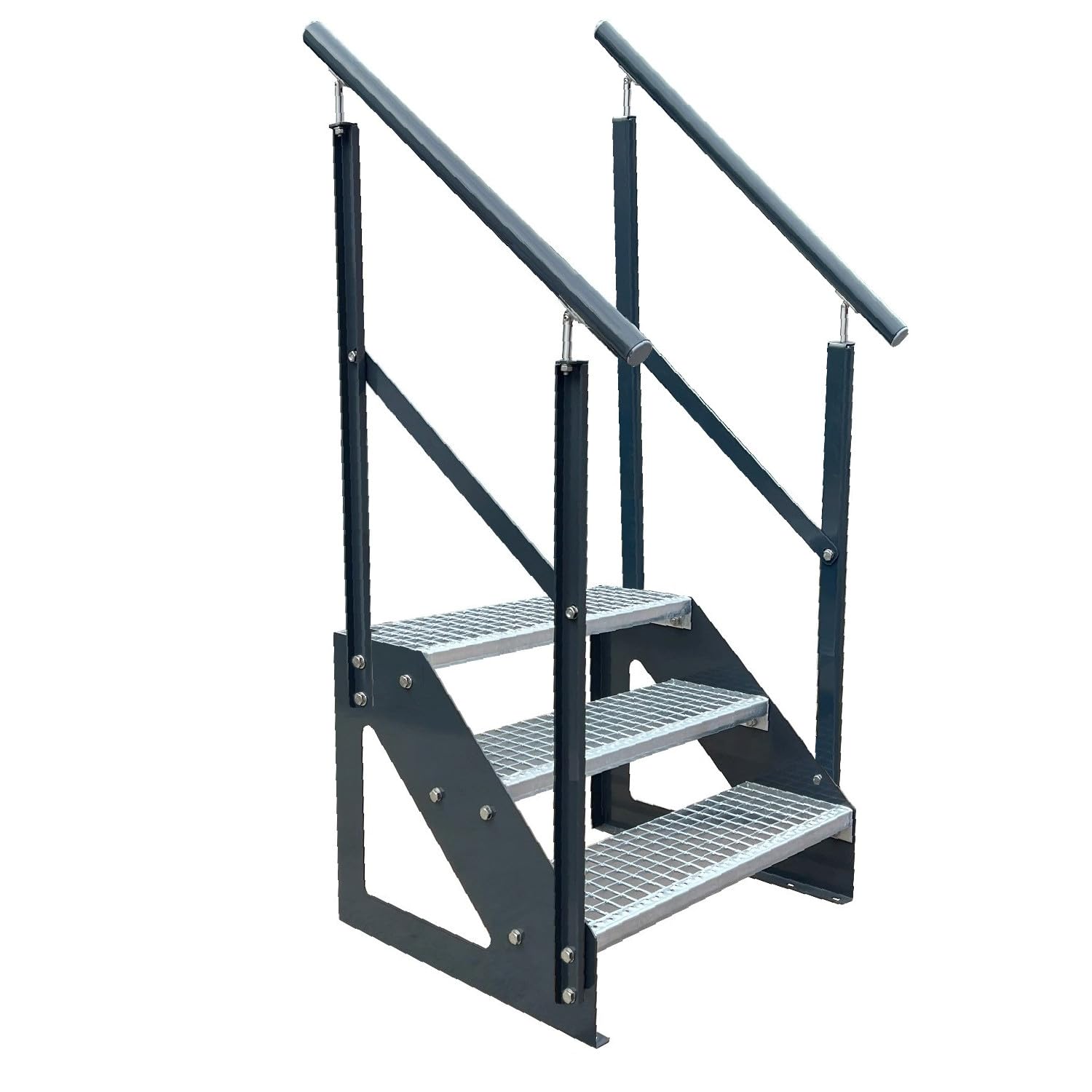 Premium Caillebotis Acier Escalier à Limon 2 Marches Entièrement Galvanisé Et Anthracite Revêtu Par Poudre - Dimensions (L X L X H) 44cm X 60cm X 38cm