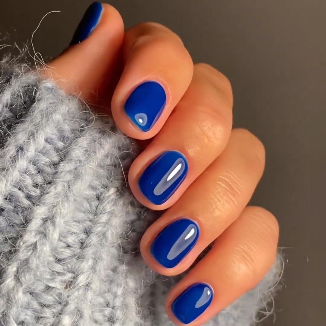 KQueenest 48 Pcs Acrylic Press on Nails Short Square, Dark Royal Blue Nails Press ons, Glossy Opaque Fake Nails Short, Neutral Gel Stick on Nails For