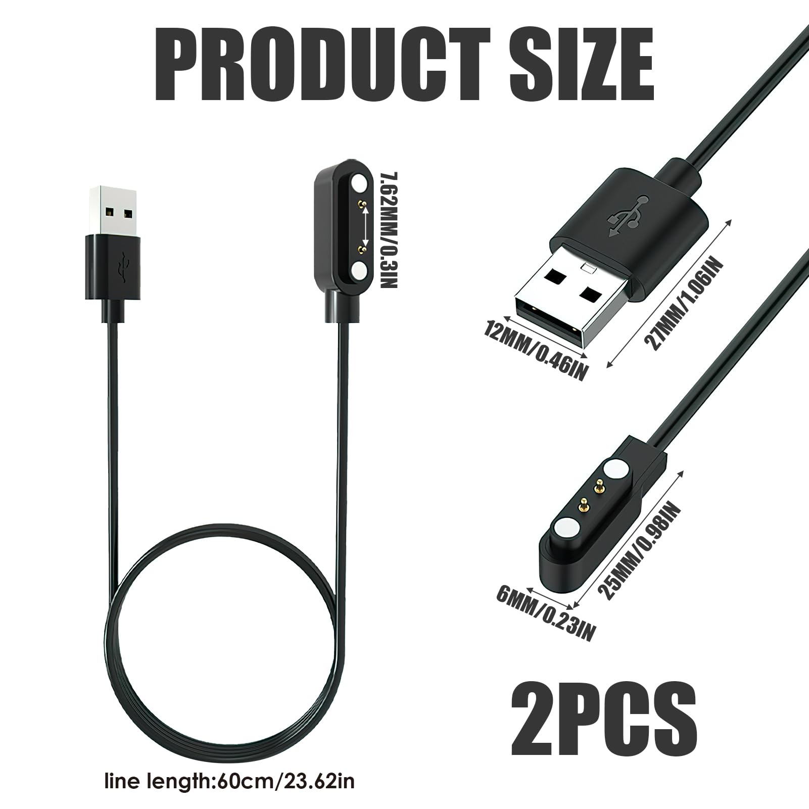 hoeslaw 2-Pack Smart Watch Magnetic Charger Cable, 7.62mm 2Pin 2ft 5V 1A USB-A, Universal Charger Cable Replacement Compatible for Kids Smartwatch and Fitness Tracker [Black and White]