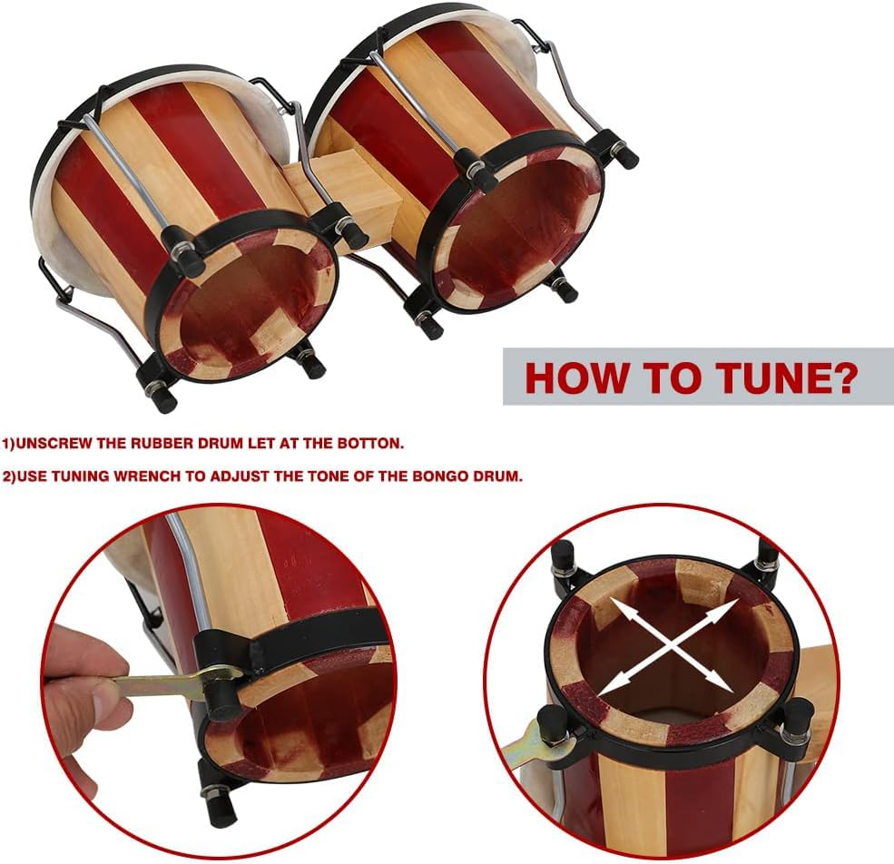 Image of Softline Pro Bongo Drum Set with Tuning Wrench & Padded Professional Wooden Percussion Instrument for Beginner Adults Kids - Natural Skin (Red Stripe - Normal)
