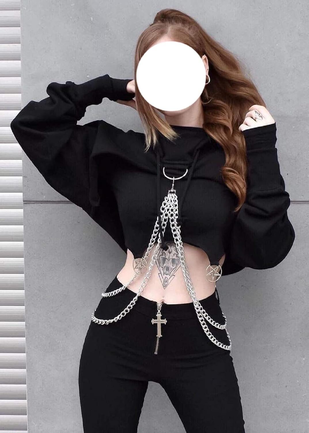 TSMNZMU Womens Gothic Crop Hoodie Punk Grunge Long Sleeve Sweatshirt Alt Mall Goth Tops Y2K Emo Shirt with Iron Chain