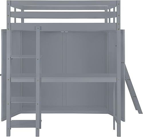 Miniatura 68 de Cama alta funcional tamaño individual con 2 cajones y 2 armarios, base de cama de madera maciza con barandilla de seguridad y escalera de