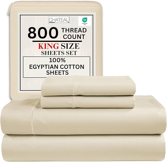 King Sheets Deep Pocket King Sheet Set,100% Cotton Bed Sheets, 800 Thread Count 4 PC Sateen Weave Luxury Bedding Sheet & Pillowcase Sets, Soft & Comfy Naturally Cool, No Pill Machine Washable- Ivory
