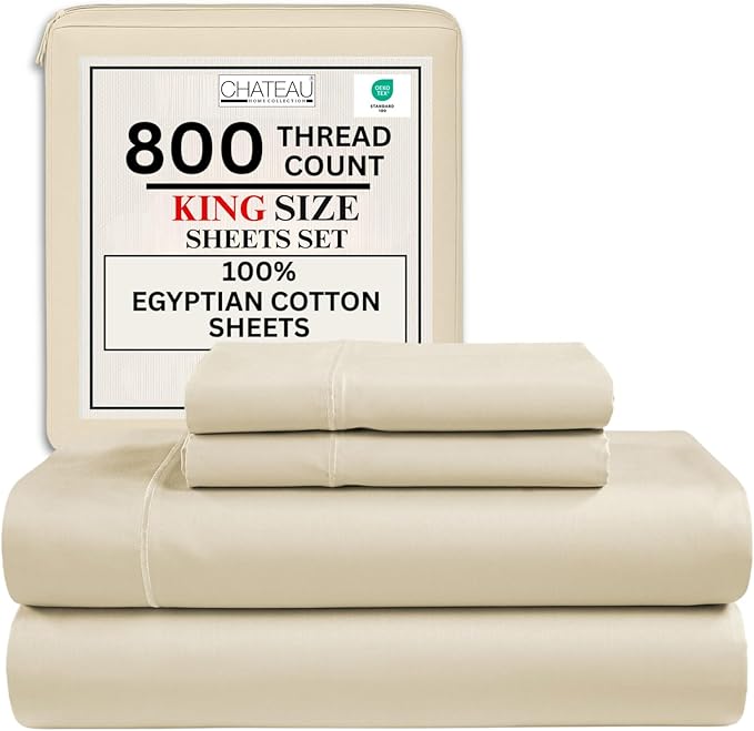 King Sheets Deep Pocket King Sheet Set,100% Cotton Bed Sheets, 800 Thread Count 4 PC Sateen Weave Luxury Bedding Sheet & Pillowcase Sets, Soft & Comfy Naturally Cool, No Pill Machine Washable- Ivory