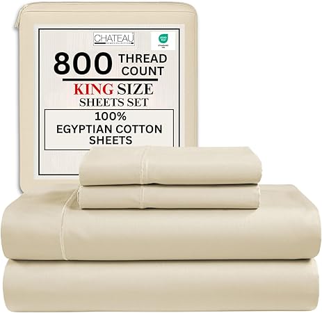King Sheets Deep Pocket King Sheet Set,100% Cotton Bed Sheets, 800 Thread Count 4 PC Sateen Weave Luxury Bedding Sheet & Pillowcase Sets, Soft & Comfy Naturally Cool, No Pill Machine Washable- Ivory