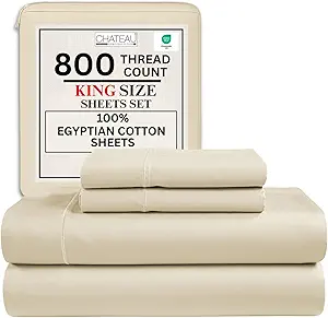 King Sheets Deep Pocket King Sheet Set,100% Cotton Bed Sheets, 800 Thread Count 4 PC Sateen Weave Luxury Bedding Sheet & Pillowcase Sets, Soft & Comfy Naturally Cool, No Pill Machine Washable- Ivory