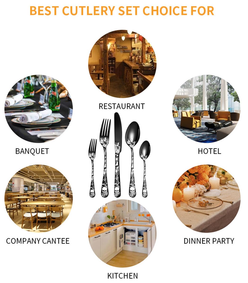 XIAOYU Halloween Themed Skeleton Silverware Set for 4, 20-Piece Stainless Steel Flatware Set, Gothic Skeleton Pattern Decorative Cutlery Set, Halloween Easter and Christmas Tableware, Rose Gold — Amazon image 7