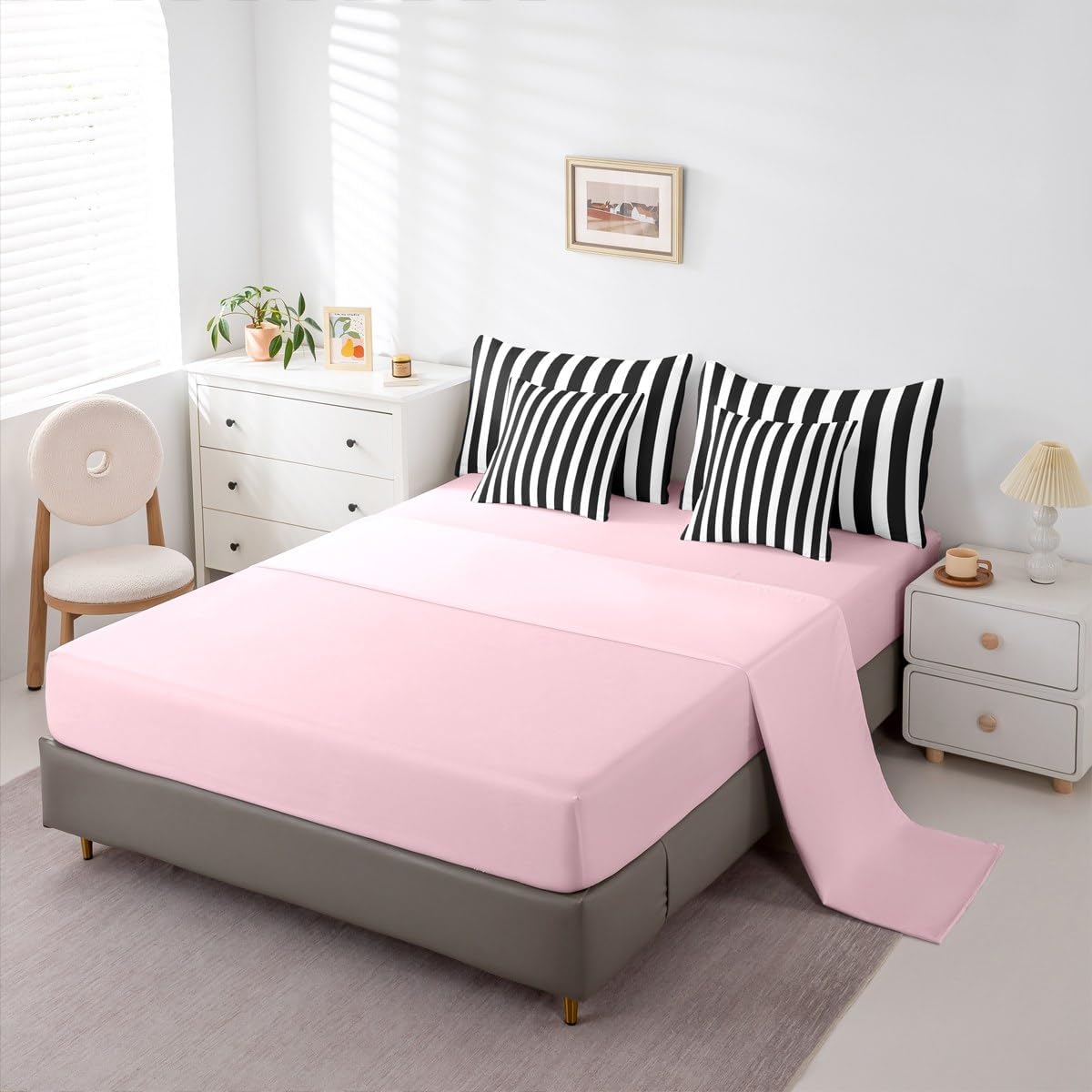 Erosebridal Black and White Striped 7-Piece Bedding Set Full Size | Striped Bed in a Bag Pink and Black Comforter Set with Sheets for Kids Teens Adults Cute Pinstripe Girls Duvet Insert