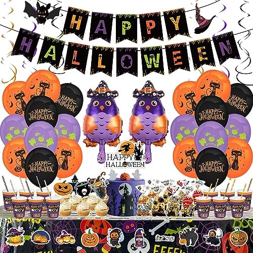 Happy Halloween Party Decorations Kit – Honeycomb Balls, Swirls, Banner, Balloons & Confetti For Indoor/Outdoor