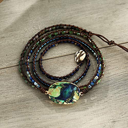 Plumiss Boho Handmade Imperial Jasper Green Blue Stone Hematite Mixed Leather Wrap Bracelets For Men Women #TOP3
