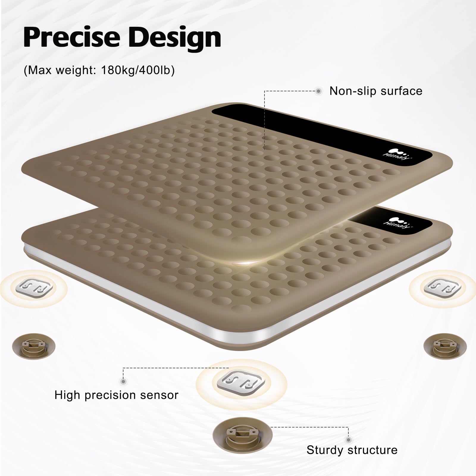 himaly Bilancia pesapersone digitale per bagno, tecnologia Step-On, misura ad alta precisione con grande piattaforma in silicone antiscivolo e display digitale LCD, capacità 180 kg, marrone