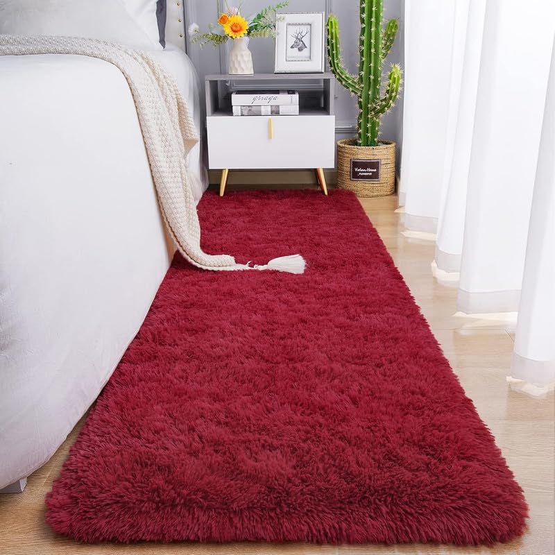 Image of Upgrade Rugs for Bedroom Indoor Floor Carpets Anti Skid Handwoven Solid Plain Shaggy Rugs High Pile, Floor Carpets for Home Size 2x5 Feet Runner Color Red