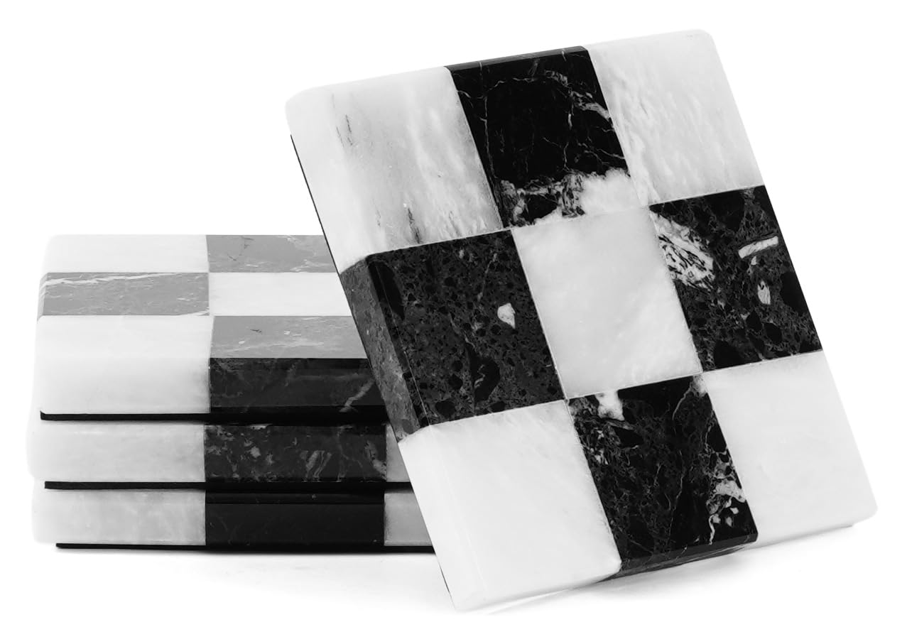 Marble Coasters Set of 4, Handmade Black & White Zebra Checkered Square Stone Coasters, 4 Inch Drinks Coasters for Living Room Table, Office Desk Accessories & Modern Home Décor Gift