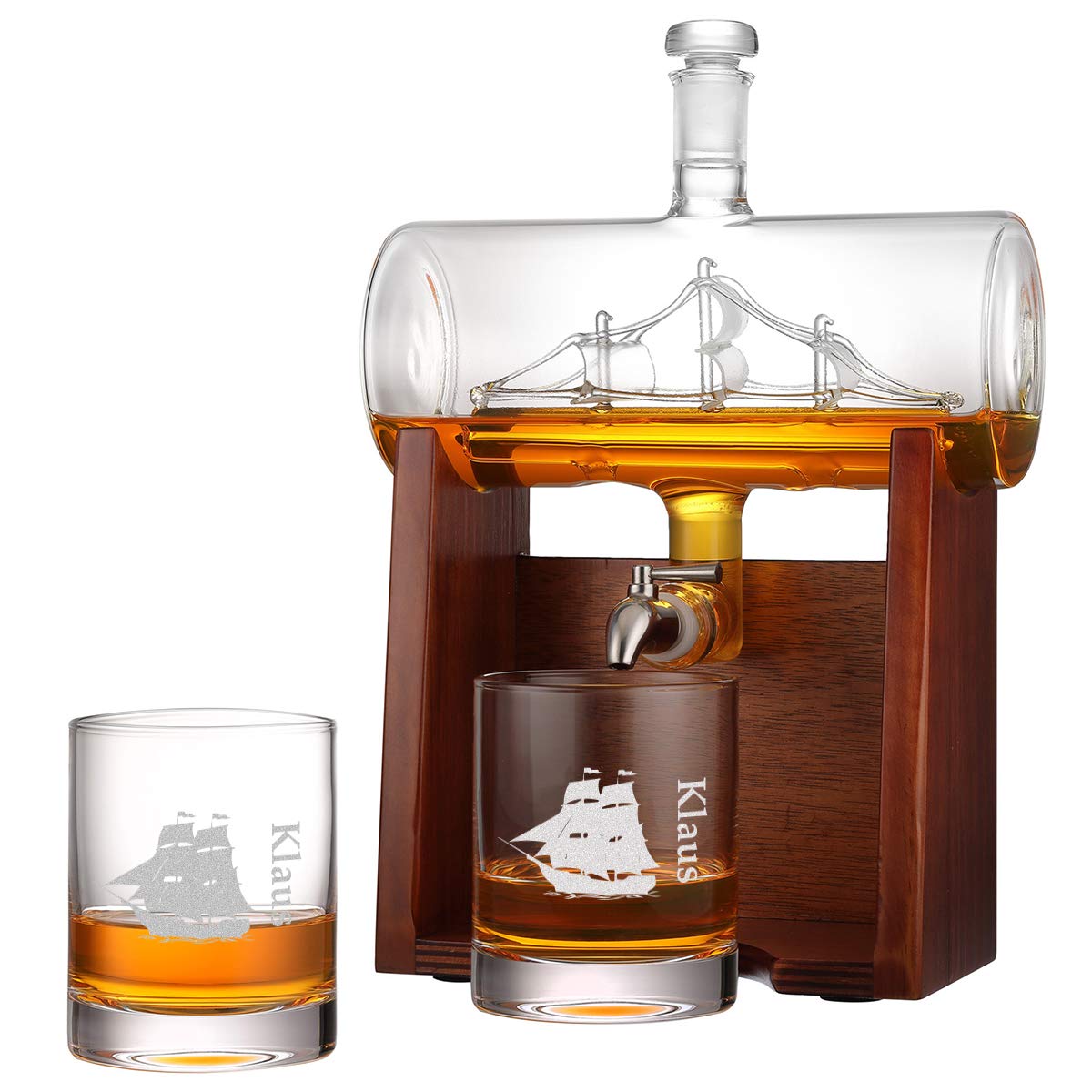 Cadeauset whiskey met 2 gepersonaliseerde whiskyglazen 320 ml, cadeau voor mannen, 1000 ml whiskykaraf luchtdicht met houten standaard en roestvrijstalen kraan, optimaal voor whisky gin Scotch cognac
