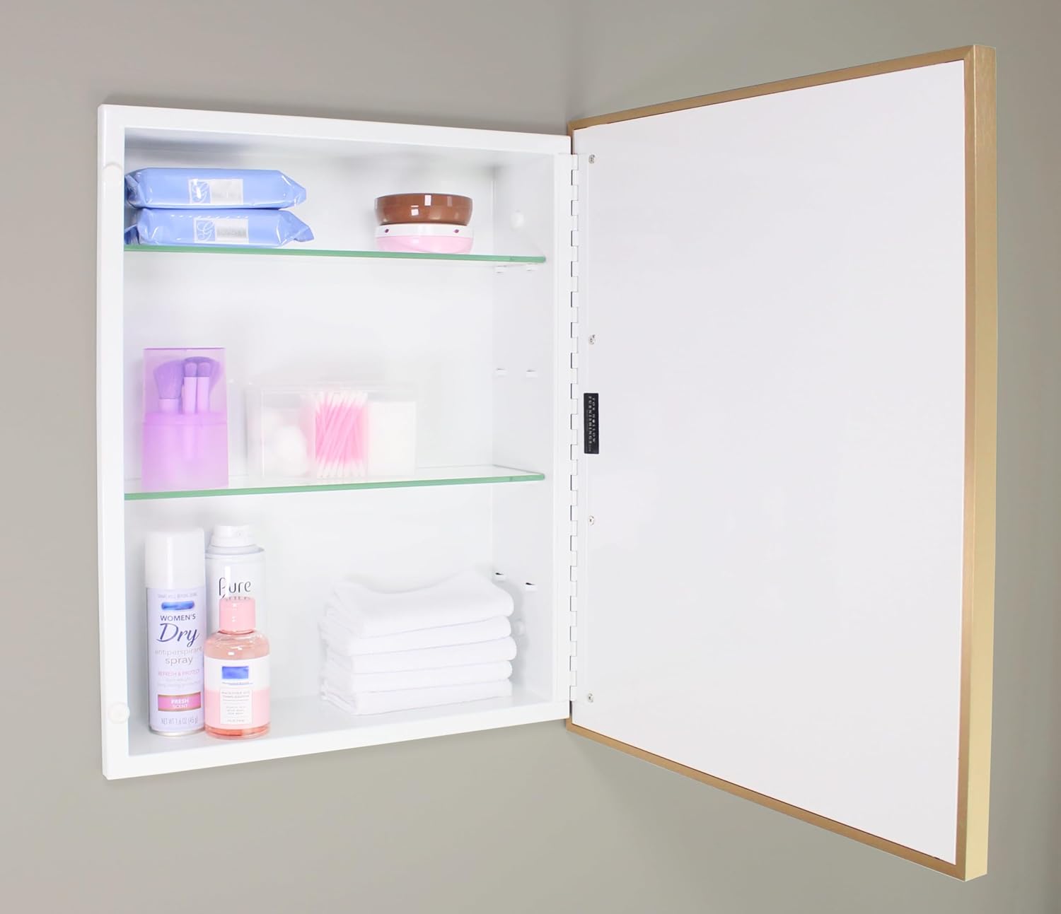 Fox Hollow Furnishings 16x20 Parker Metro Metal Framed Rectangle Recessed Bathroom Medicine Cabinet, Floating Mirror, 14x18 in-Wall Opening, Steel, Adjustable Glass Shelves, Magnet Close, Gold
