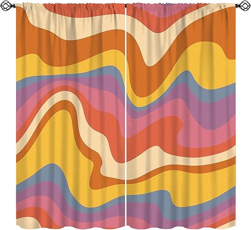 Miniatura 15 de Cortinas amarillas groovy retro de los años 70, abstracto, amarillo, retorcido, moderno, geométrico, textura ondulada, tratamiento de ventana para