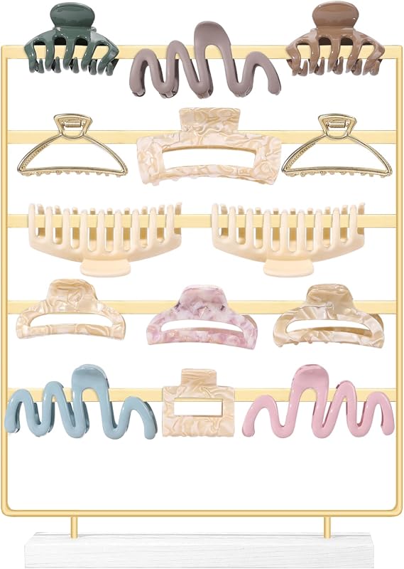 Organizador de presilhas de cabelo SNOWSTAR com 5 níveis, base de madeira e hastes de aço, dourado