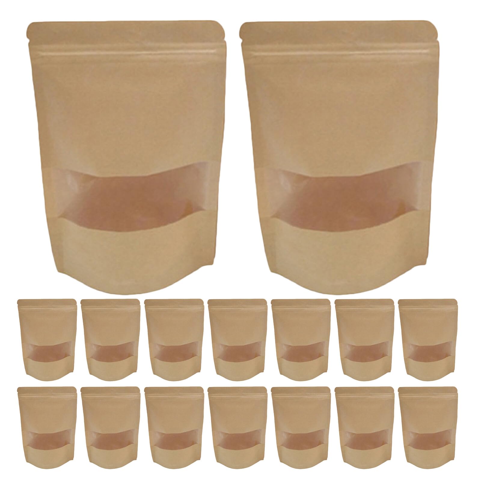 50 pièces Lot de Kraft Refermables avec Fenêtre Poche Alimentaire Réutilisable Papier Kraft Protection Hermétique pour Fruits Secs Thé Biscuits Format