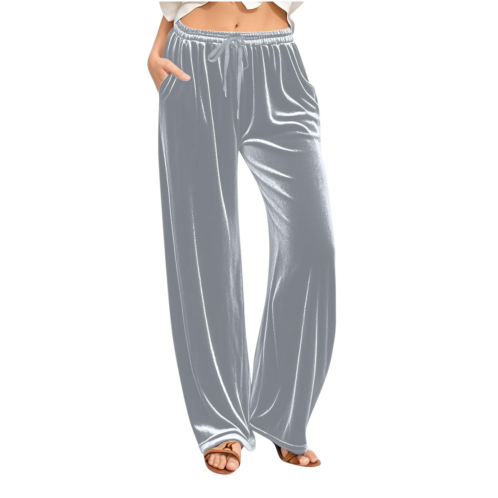 Oplxuo Velvet Pants for Women Lounge Comfy Velour Wide Leg Pants Casual Baggy High Waisted Lace Up Trousers