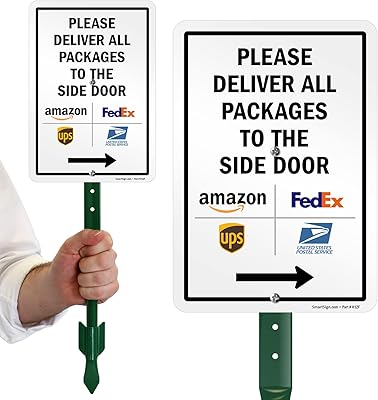 SmartSign “Please Deliver All Packages to The Side Door†Right Arrow Yard Sign, 10 x 7 inch, 40 mil Laminated Rustproof Aluminum, 21.5 inch Tall Sign & Stake Kit, Multicolor