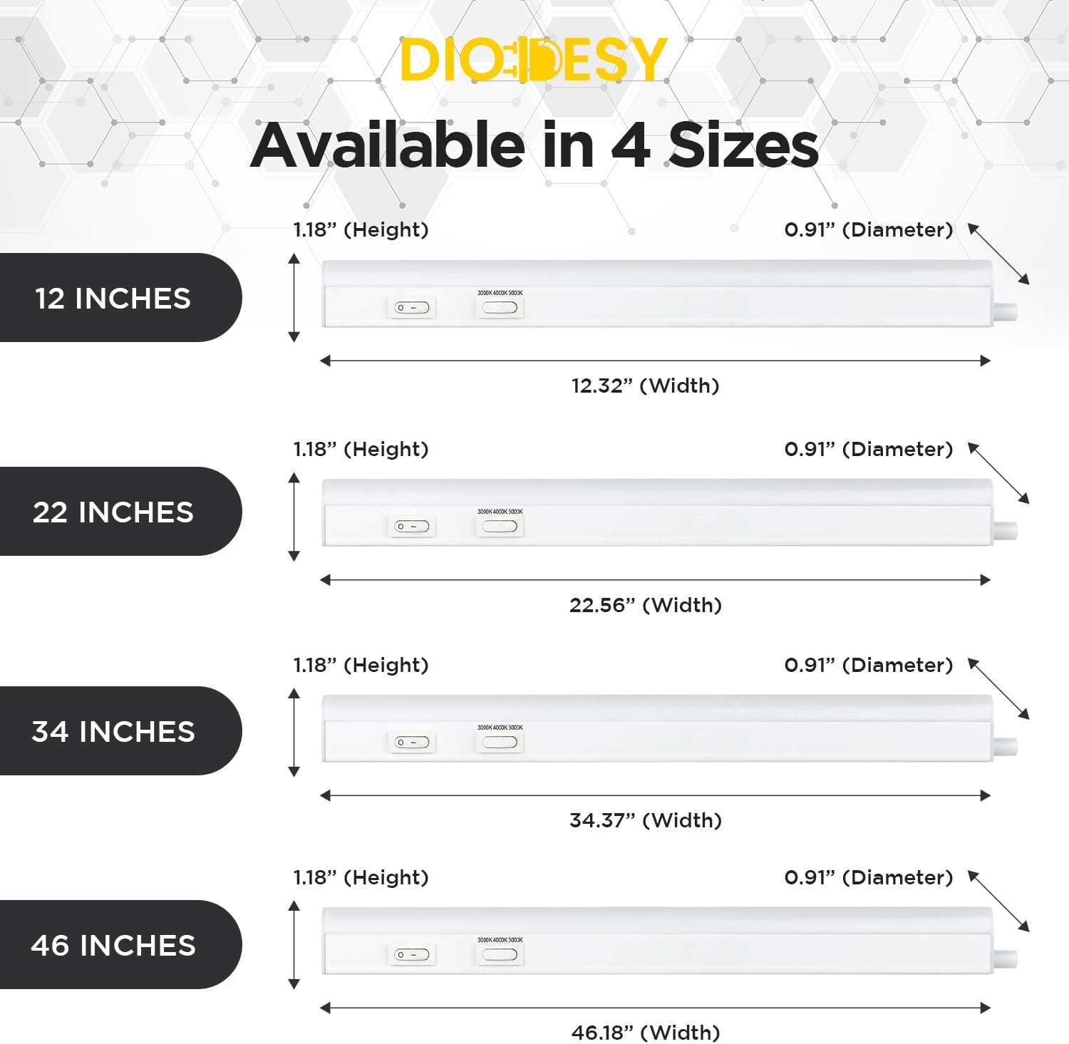 Diodesy- 46-Inch Linkable Under Cabinet LED Lighting 16W 1600 Lumens 3000K/4000K/5000K Color Selectable Non-Dimmable ETL Listed- Plug-in Shop Lights for Kitchen Closet Undercounter Shelf Sink Desk