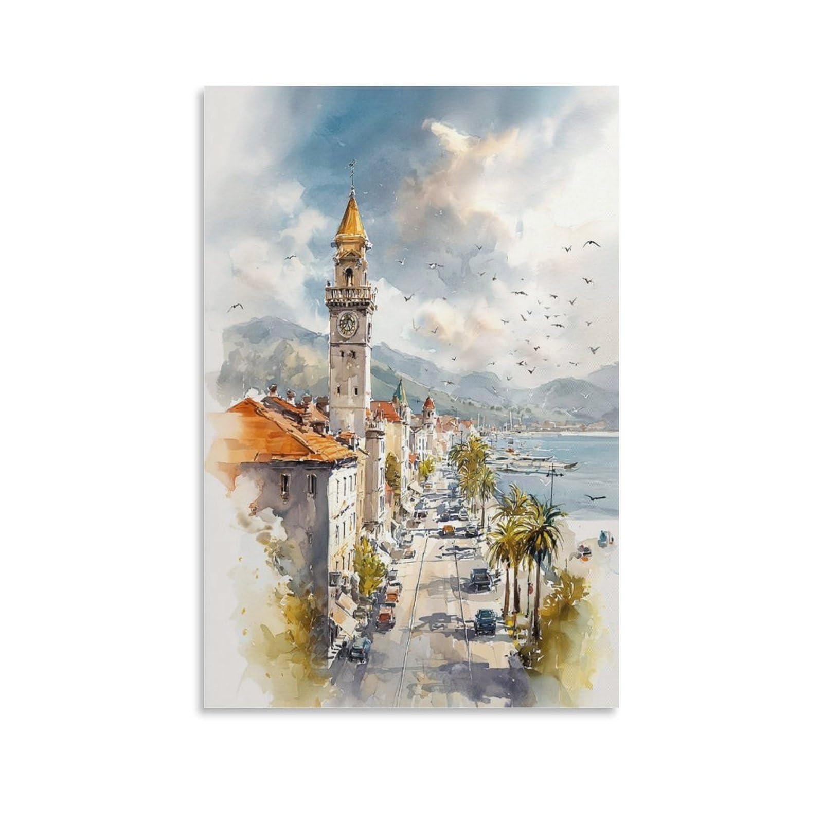 XWYMXZ Charleston Watercolor Painting Coastal City Poster 20x30inch(50x75cm) Vintage Watercolor Canvas Art