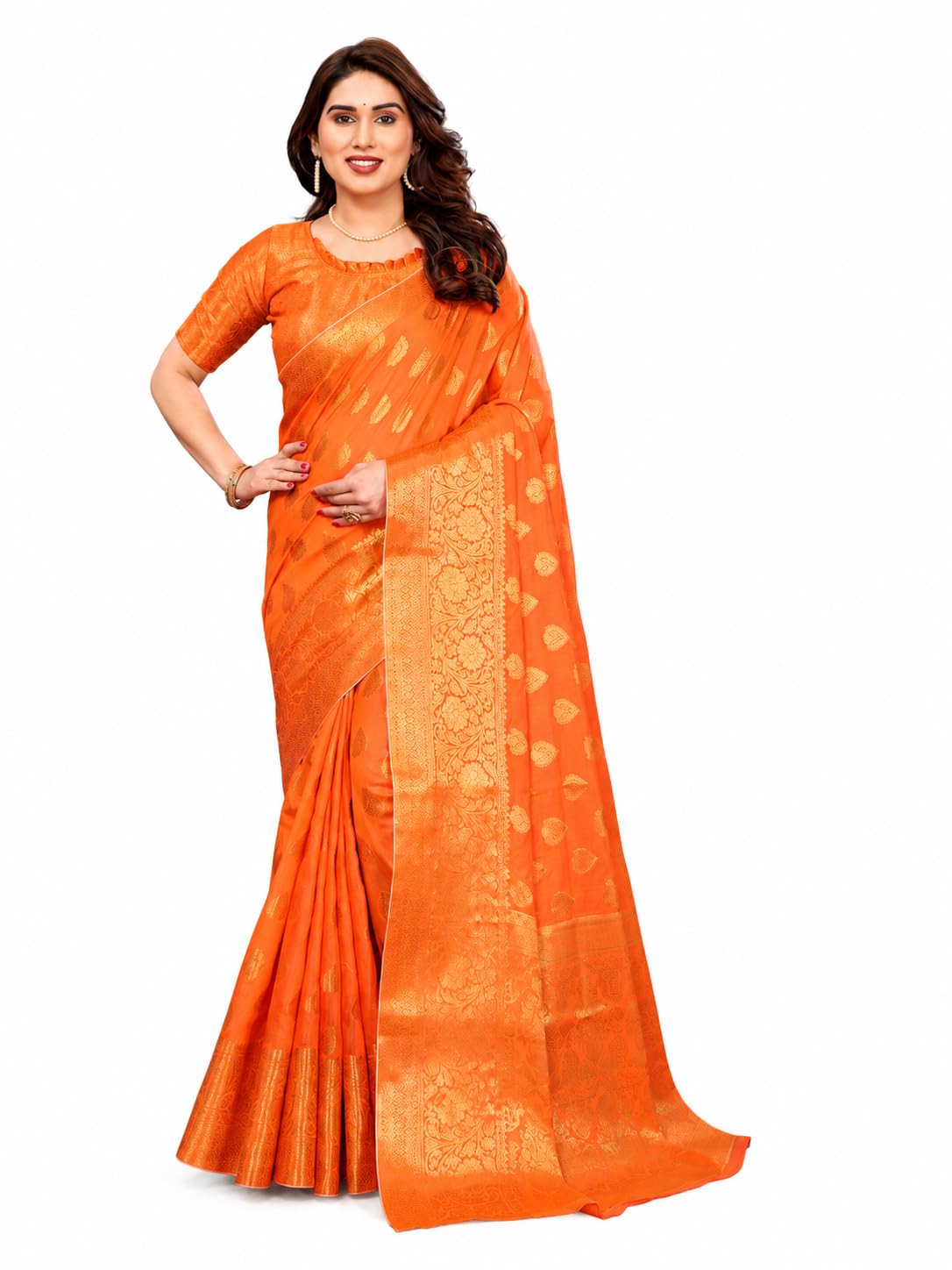 Aarohi Orange Cotton Silk Zari Woven Saree-picture-15