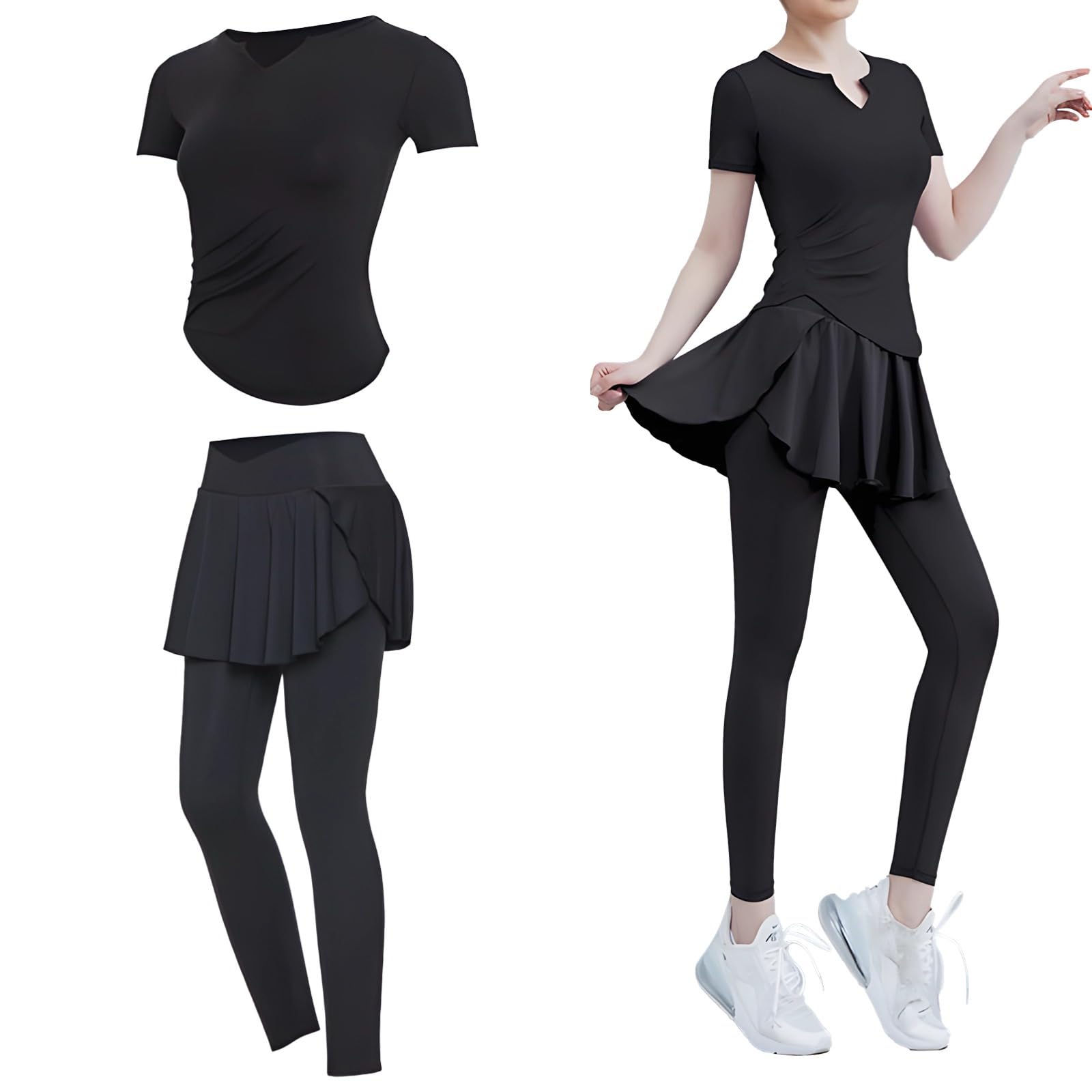 Set da 2 pezzi da donna, top a maniche corte con scollo a V e leggings a vita alta, abiti da pilates in poliestere spandex, stile traspirante per yoga e fitness, taglia XXL