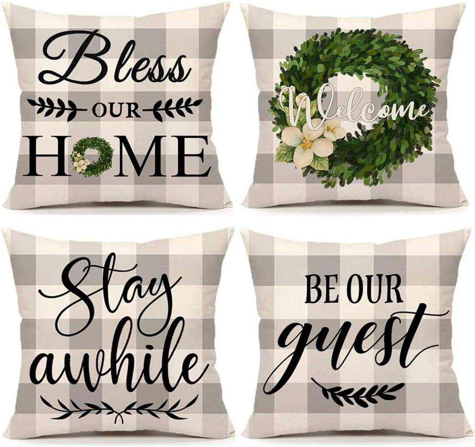 Farmhouse Pillow Covers Buffalo Plaid Be Our Guest Pillow Cover Stay Awhile Throw Pillow Case Wreath Bless Our Home Cushion Cover for Couch Sofa Bed 20x20 Set of 4