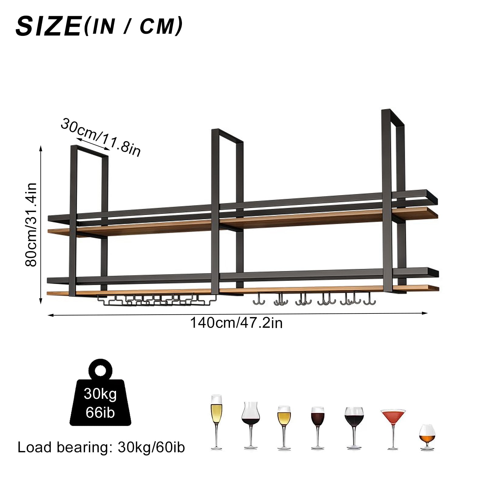 Soporte Para Copa de Vino Colgante Botellero - Botellero de Techo con Portabotellas, Soporte de Botella de vino Colgante Industrial de 2 Capas, Para Cocina de Bar Cafetería (140×30×80cm, negro) - 3