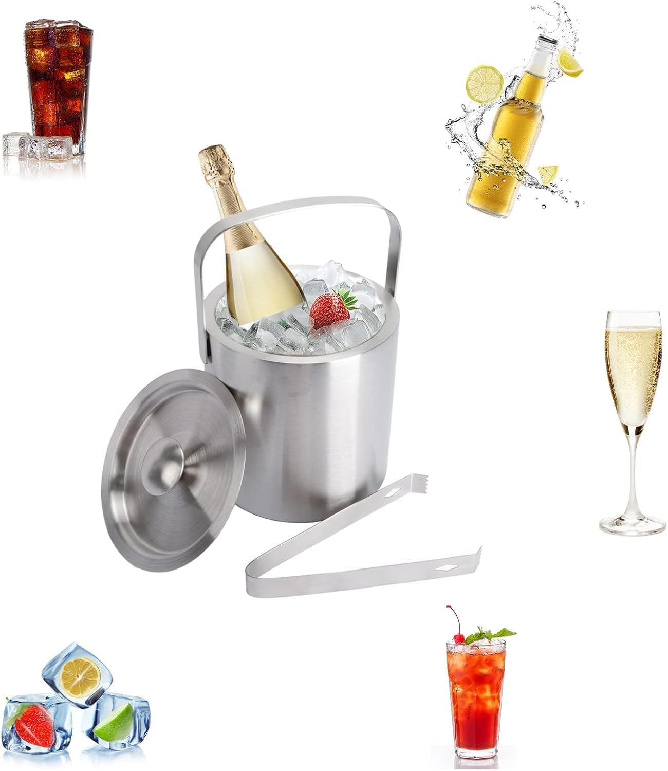 Cubitera de Acero Inoxidable 1.3L Cubitera de Doble Pared para Vino Cubitera para Botella de Champán con Tapa Asa y Pinzas para Fiestas en Bar en Casa