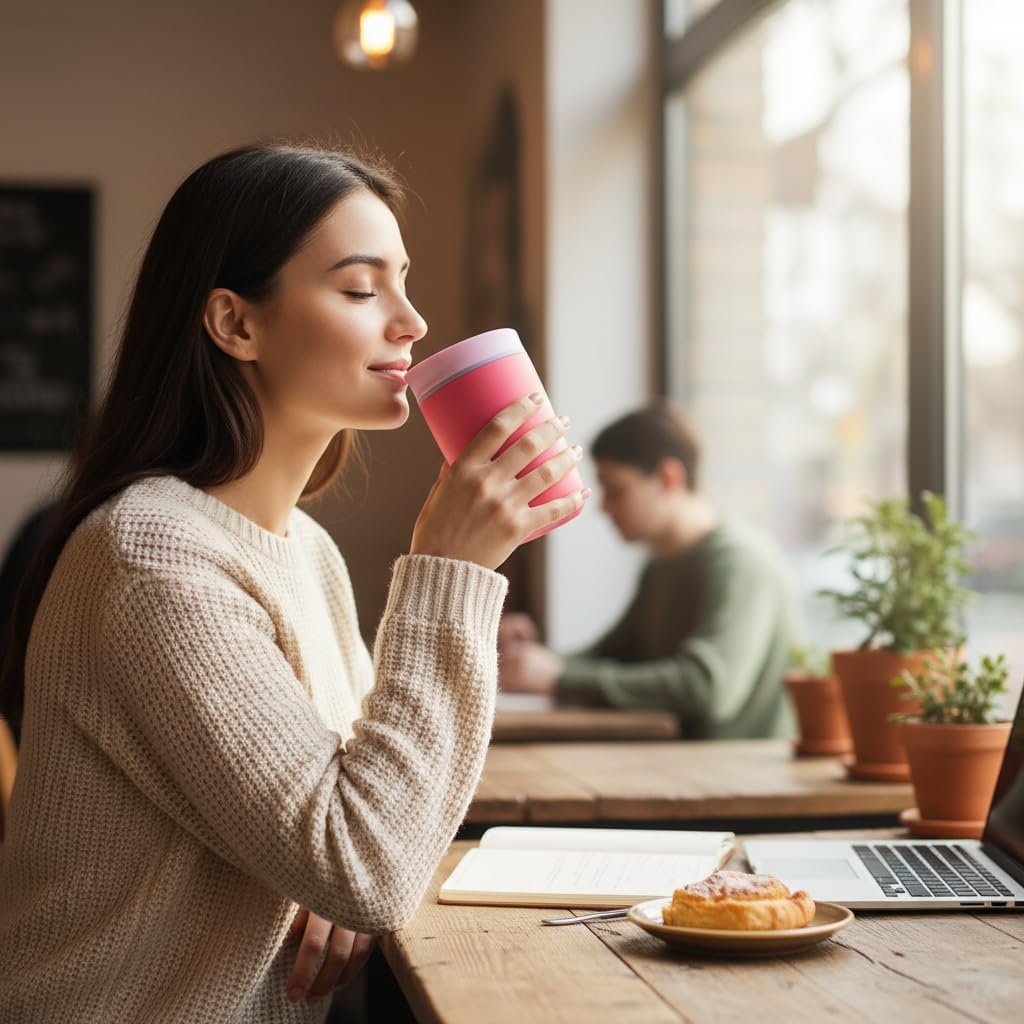 12 oz coffee tumbler Insulated coffee mug with lid Slider Insulated Stainless Steel Coffee Tumbler, Travel Mug for Hot and Iced Beverages, insulated travel coffee mug Black with Brown Lid (pink) - Image 2