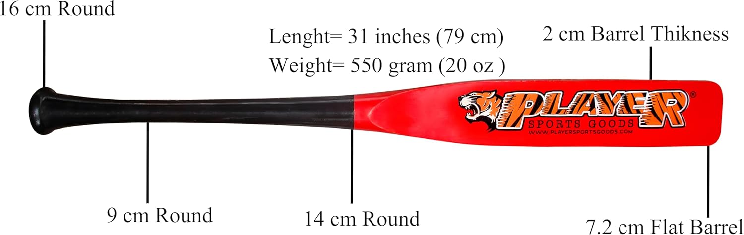 31" High-Grade Pro Maple Flat Half Paddle Training Baseball & Softball Bat in 31"/20 oz/Flat Barrel:2.75" for Professional Players in Black Handle & Red Barrel by Player Sports Goods LLC