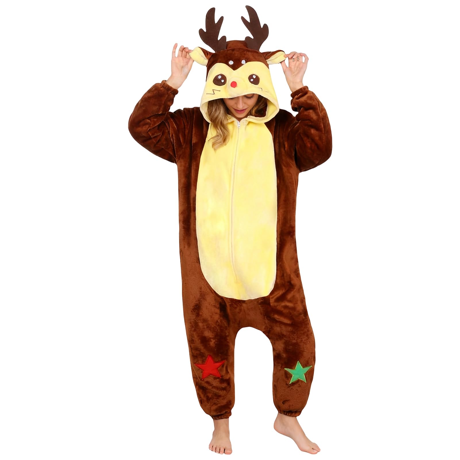 Crittygo Reindeer Costume Womens, Reindeer Onesie Pajamas Reindeers Brown Hooded Jumpsuit, All-In-One Xmas Outfit Christmas Fancy Dress