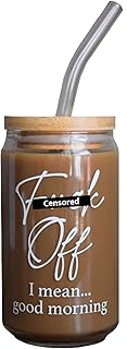 F*ck Off I Mean Good Morning 16oz Iced Coffee Cup With Bamboo Lid and Straw | Glass Beer Can | Funny Iced Coffee Tumbler With Lid and Straw (Glass Straight Straw)