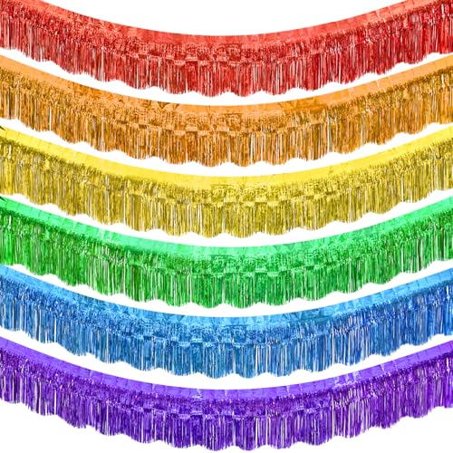 Image of LOLStar Rainbow Foil Fringe Tinsel Garland, Streamers Banner, 6 Pack | 60Ft Tinsel Streamers, Shiny Rainbow Tinsel Fringe Banners for Birthday, Pride Month, Parade Floats, Wedding Decor
