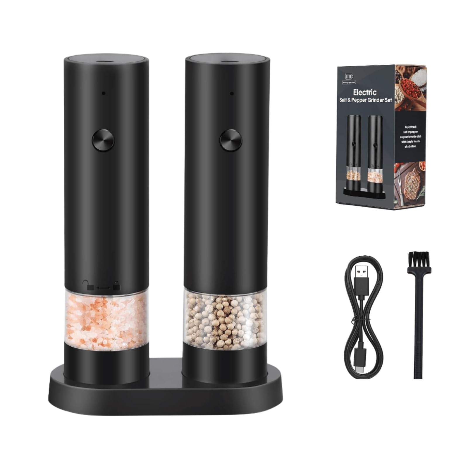 Set of 2 Electric Salt and Pepper Mills, Automatic Pepper Mill with Storage Base, 4 Speed ​​Settings, for Grinding Spices