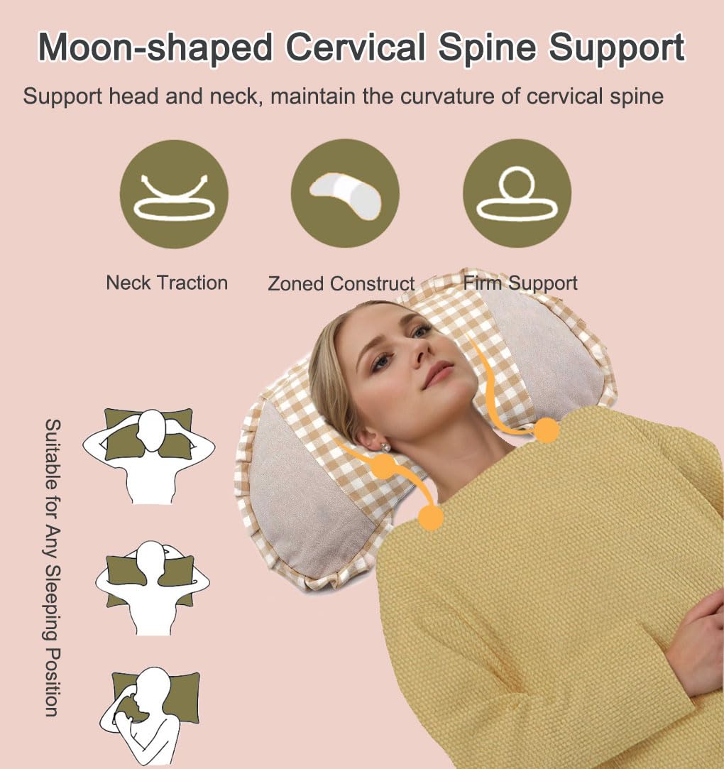 Cuscino con gusci di grano saraceno, per migliorare il sonno, grande, cuscino cervicale con fodera lavabile, a forma di luna, supporto rinfrescante per il collo, per chi dorme di lato e sulla