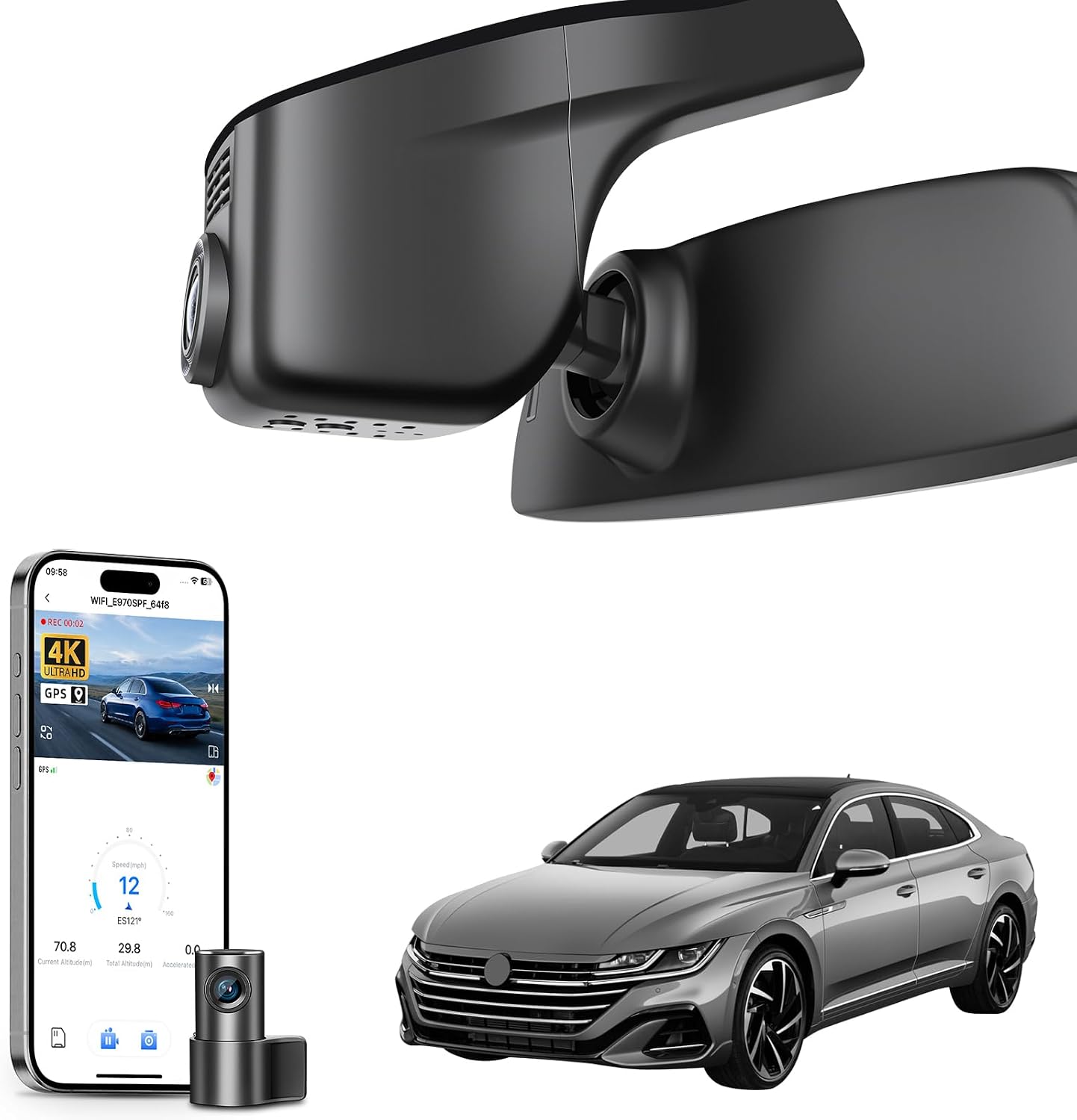 mangoal Front 4K & Rear 1080p Dash Cam for Volkswagen Arteon 2018-2024 SE SEL Premium R line Elegance(Model A Black), UHD 2160P Video, App & WiFi, Loop Recording, Easy to Install, GPS, 128GB Card