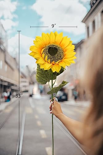 Miniatura 6 de Girasoles artificiales grandes de 9 pulgadas, flores de tallo largo, girasol artificial de 33 pulgadas de alto, girasoles de seda gigantes con tallo