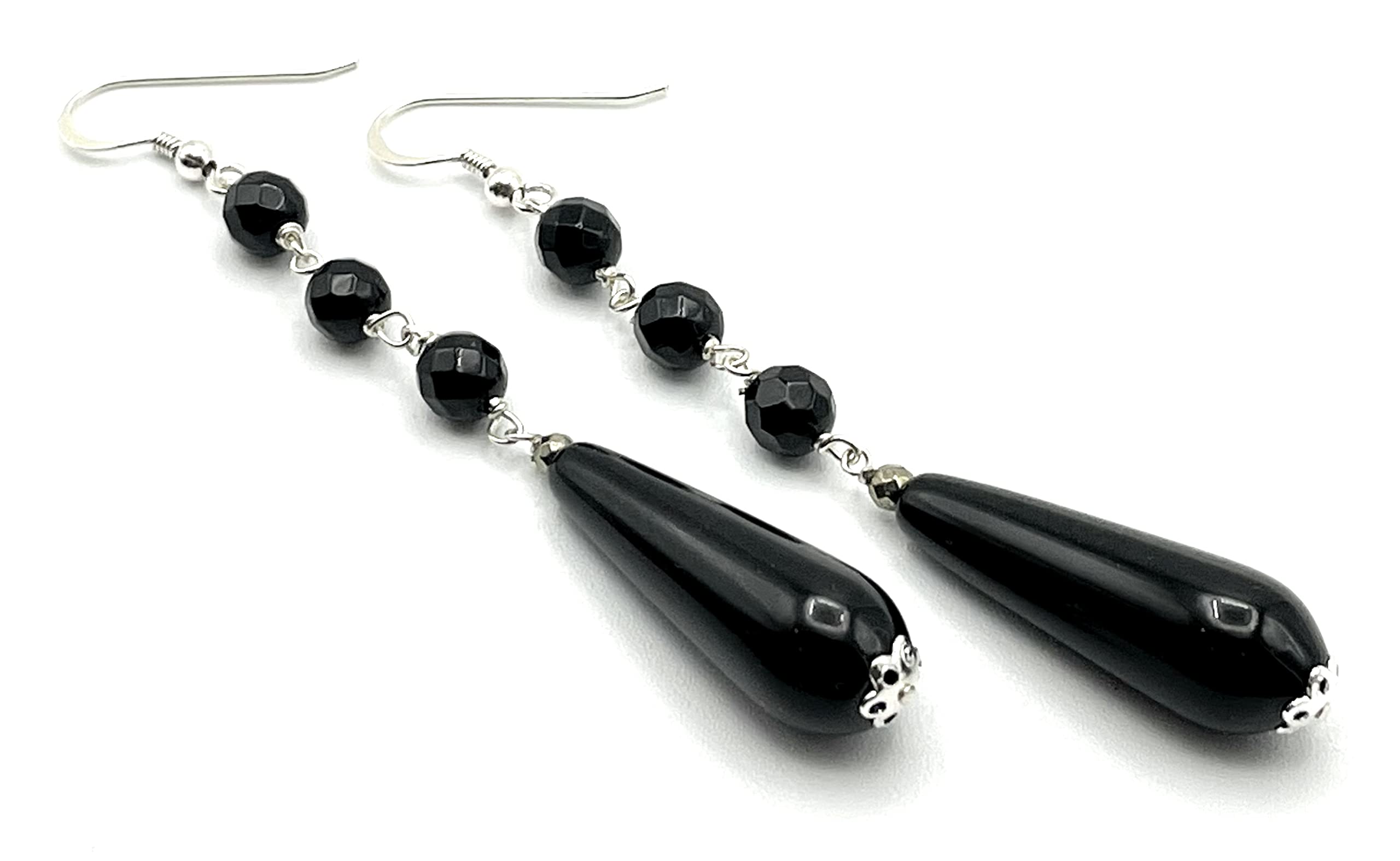 Orecchini in argento 925 e onice nero, pendenti lunghi a goccia, gioielli con pietre dure naturali, bijoux moderni, regalo per lei