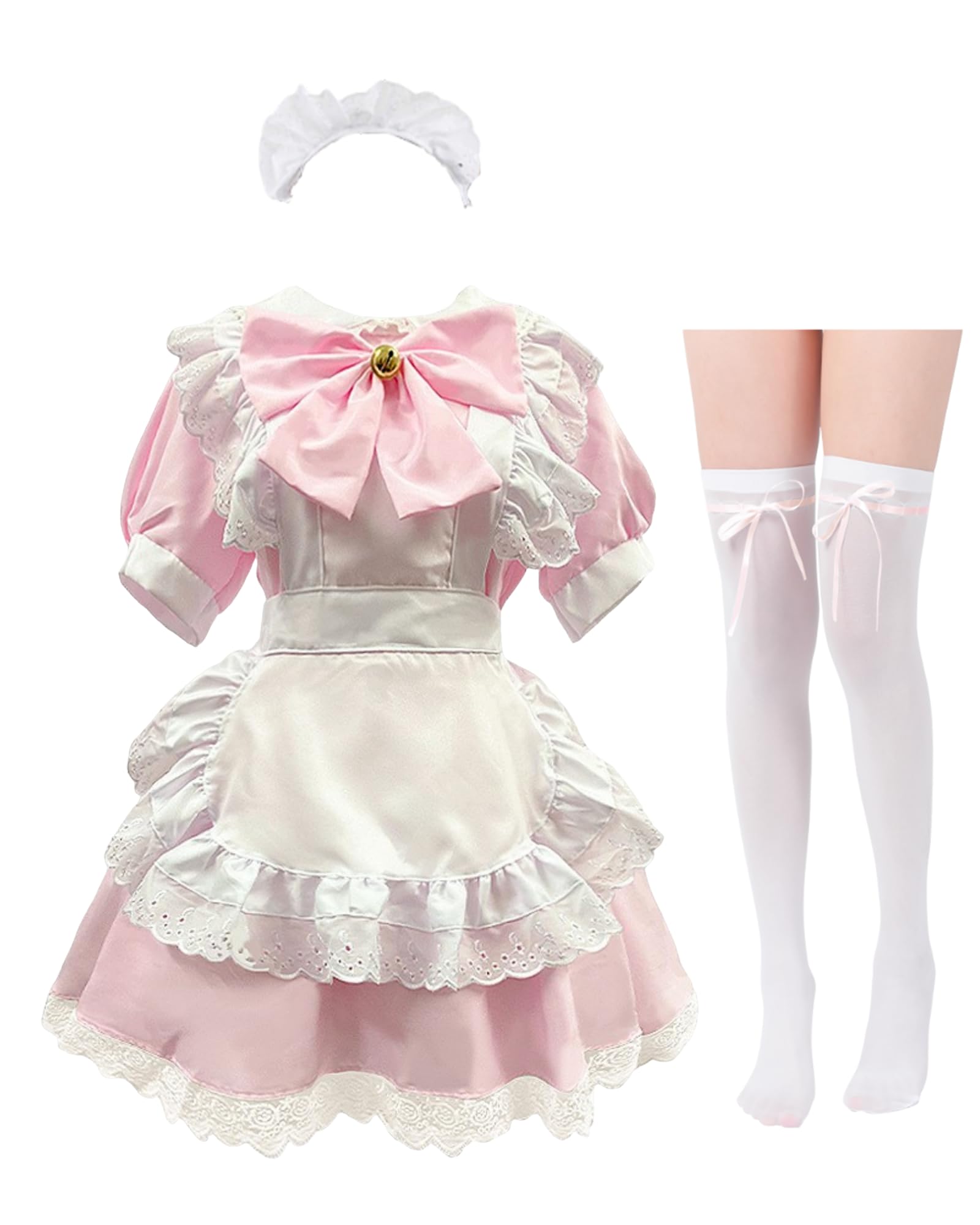 NSPSTT Women's Pink Anime French Maid Dress Kawaii Cosplay Costume Short Sleeve Short Skirt with Stockings Fancy Dress Outfit S โ image 1