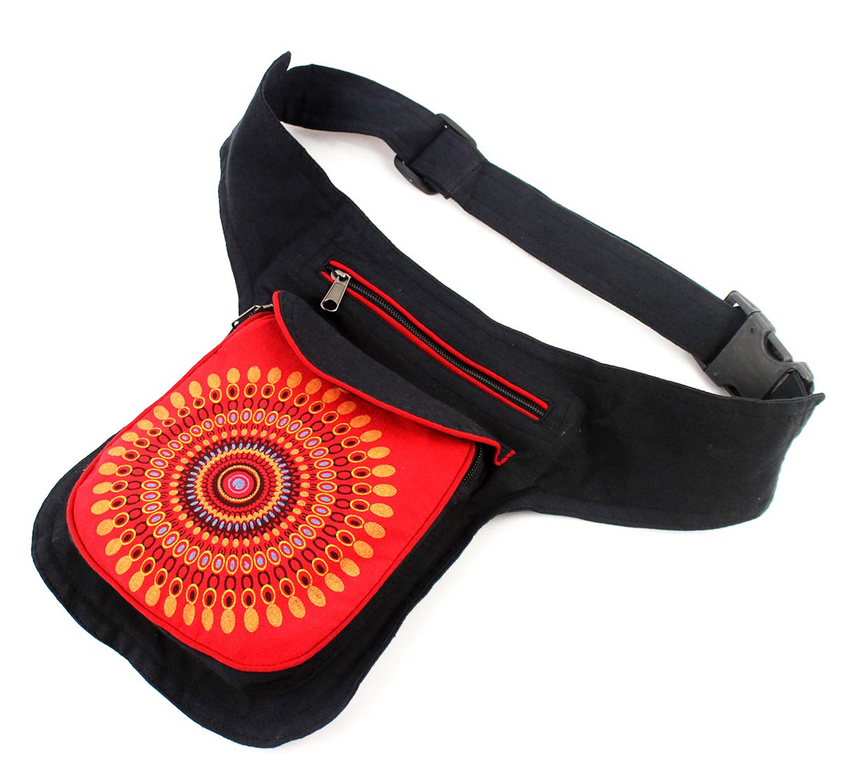 furein Riñonera de Tela Casual Diseños Étnicos 3 Bolsos con Cierre de Cremallera Talla única Correa Ajustable (18x16x3cm) (MB-1 Rojo)