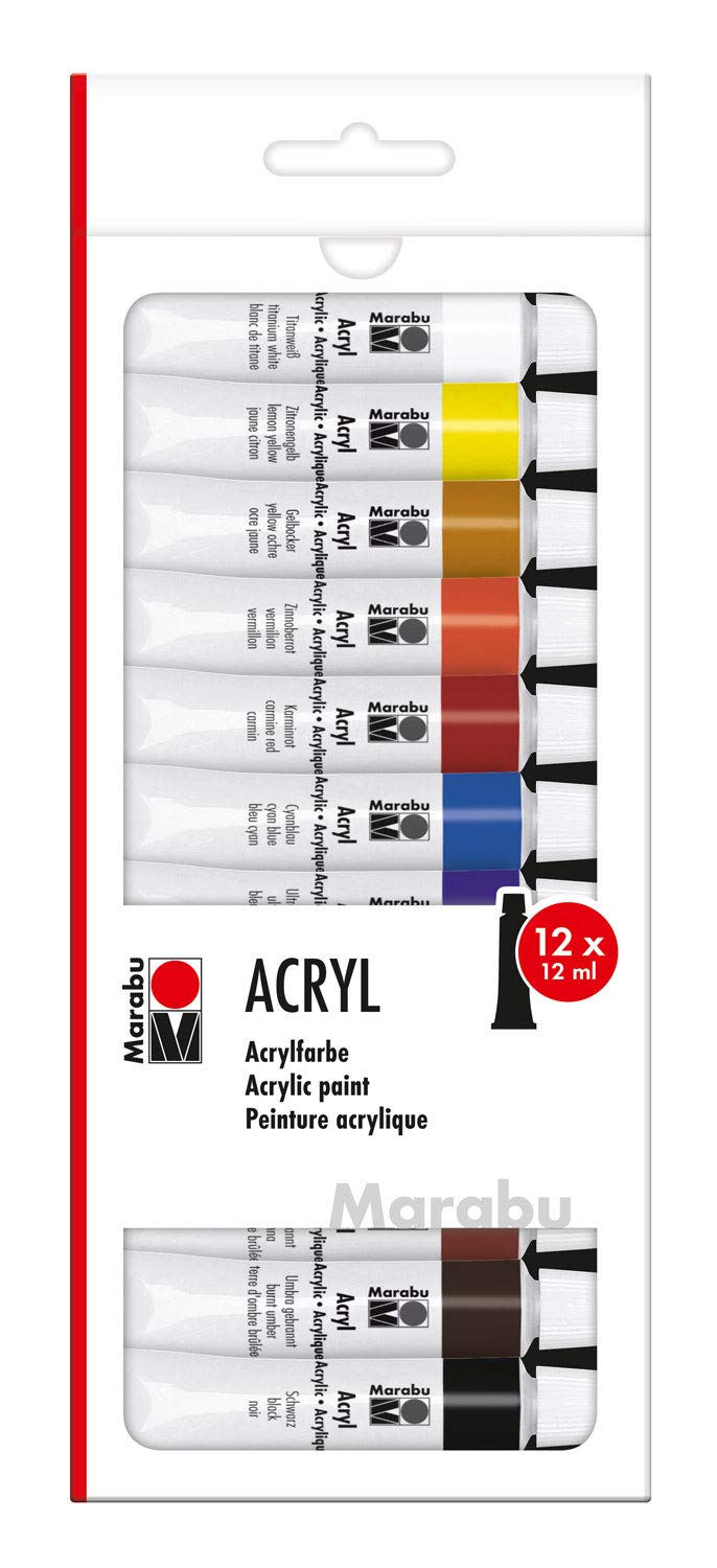 Marabu 1210000000200 - Acrylfarbenset mit 12 Farben á 12 ml, deckende, matt glänzende Acrylfarben auf Wasserbasis, für Keilrahmen, Malkarton, Papier und Holz geeignet, schnell trocknend