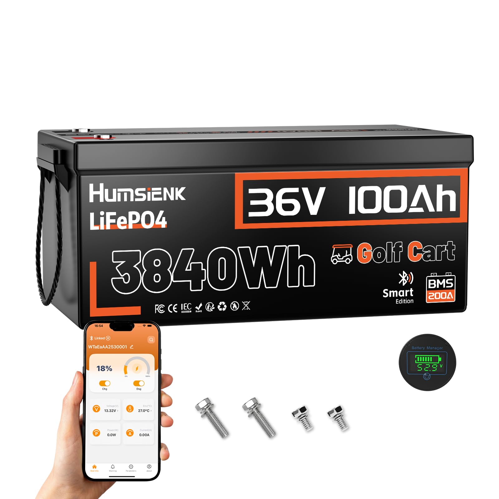 HumsiENK 36V 100Ah Golf Cart Lithium Battery, 200A BMS (600A Peak), Bluetooth &amp; Dashboard Meter, 3.84kWh Deep Cycle LiFePO4, 68.7lbs Drop-in Replacement for 6x 6V Batteries, EZGO TXT, Club Car DS