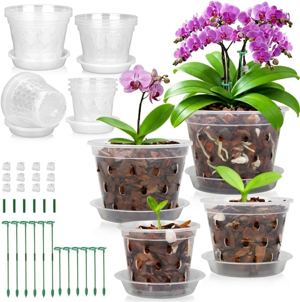 3/4/5/6 Inch Orchid Pot, 12 Pack Clear Orchid Pots with Holes, Saucer and Plant Stakes for Repotting, Plastic Plant Pot for Indoor & Outdoor Plants