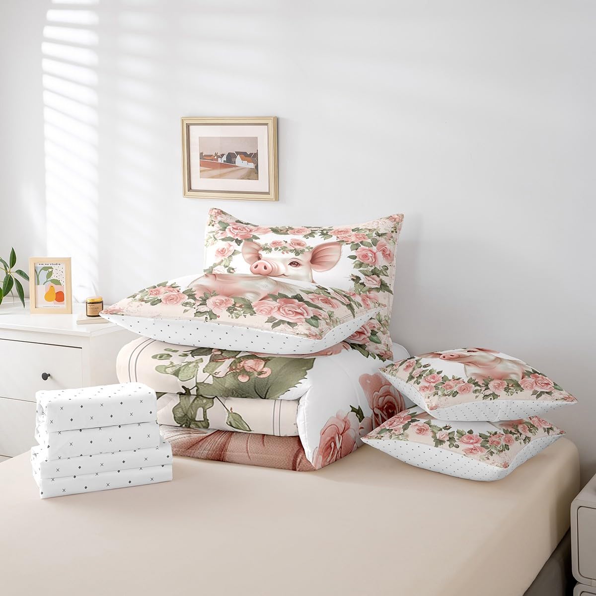 Erosebridal 7-Piece King Size Bed In A Bag Comforter Set - Pastel Pink Flowers & Cardinal Bird Design